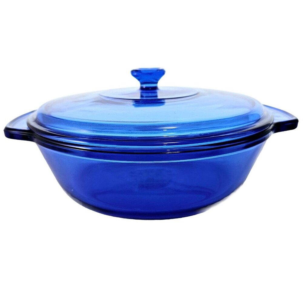 Anchor Hocking Cobalt Casserole Bowl w/ Lid 2qt handles 9" vtg blue kitchen - Picture 1 of 15